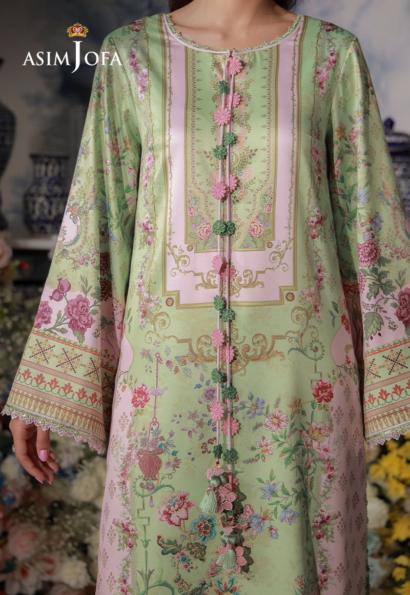 Asim Jofa AJCS-01 mint green printed charmeuse silk shirt – front close-up of floral neckline panel and decorative tassels