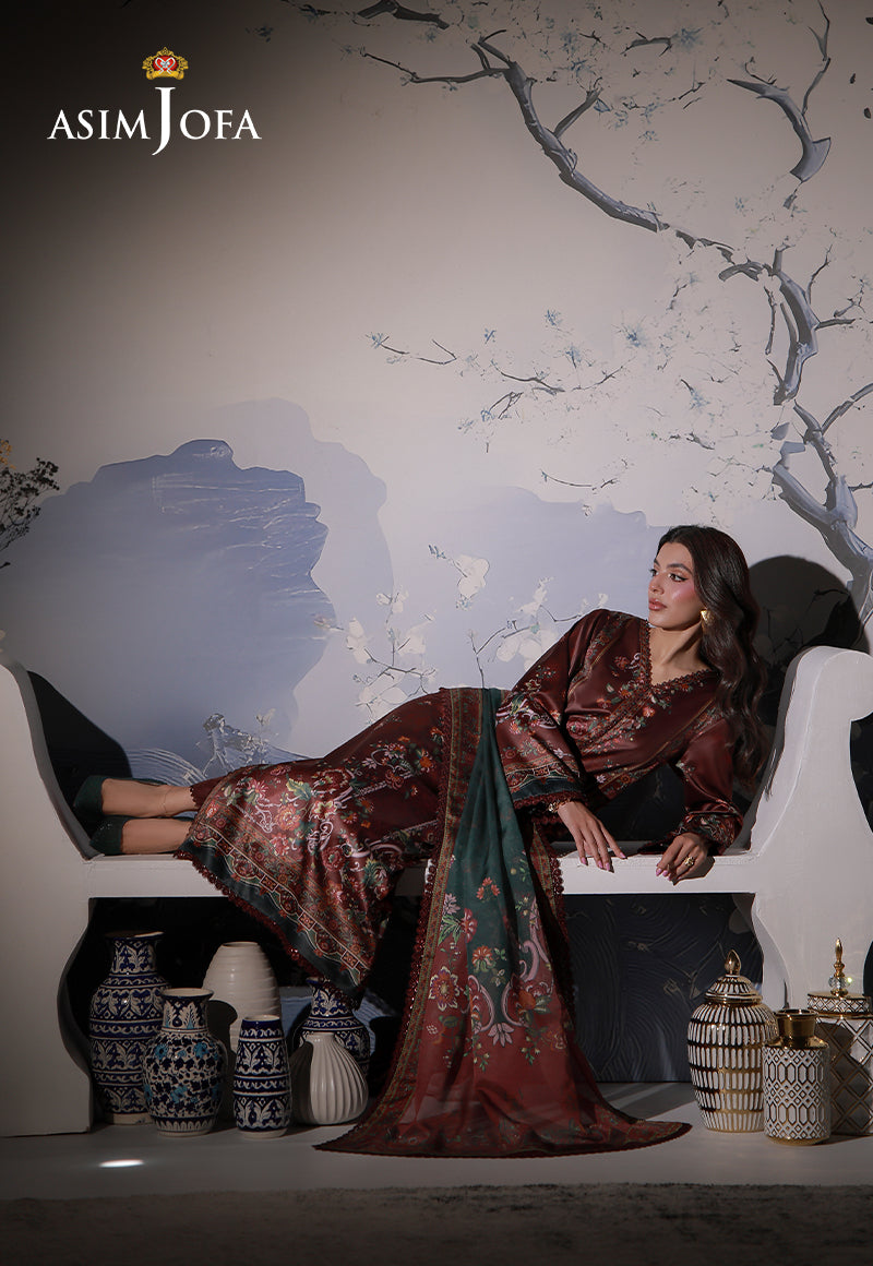 Asim Jofa AJCS-02 chocolate brown printed charmeuse silk 3-piece suit – wide reclining view with teal and brown dupatta
