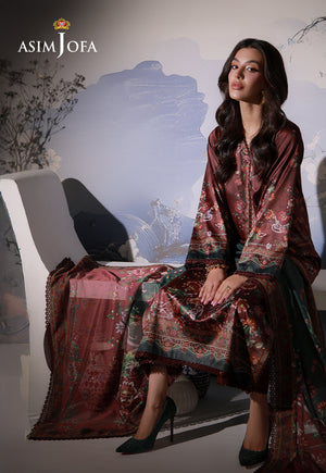 Asim Jofa AJCS-02 chocolate brown floral printed charmeuse silk suit – seated view with printed silk dupatta spread across bench