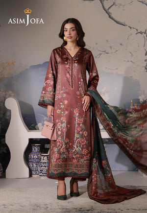Asim Jofa AJCS-02 chocolate brown printed charmeuse silk suit – full-length front view with flowing teal and brown dupatta