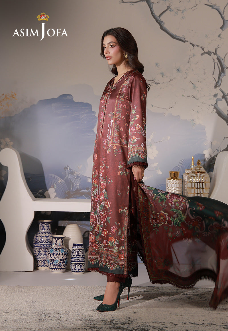 Asim Jofa AJCS-02 chocolate brown floral printed charmeuse silk suit – full-length side view with flowing silk dupatta