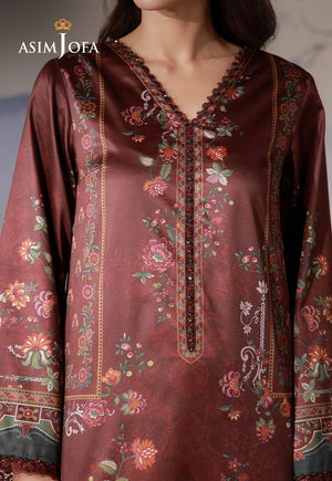 Asim Jofa AJCS-02 chocolate brown printed charmeuse silk shirt – close-up of V-neckline and teal floral accents