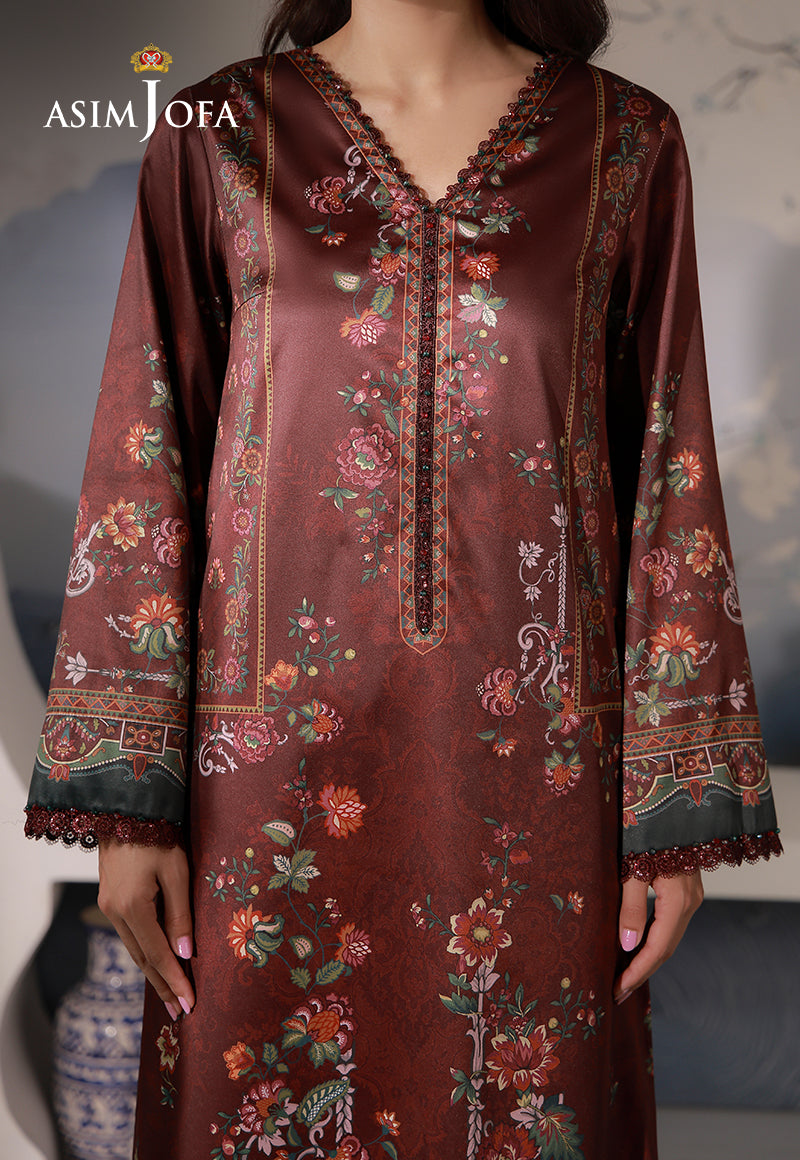 Asim Jofa AJCS-02 chocolate brown floral printed charmeuse silk shirt – front detail view showing neckline and teal cuff borders