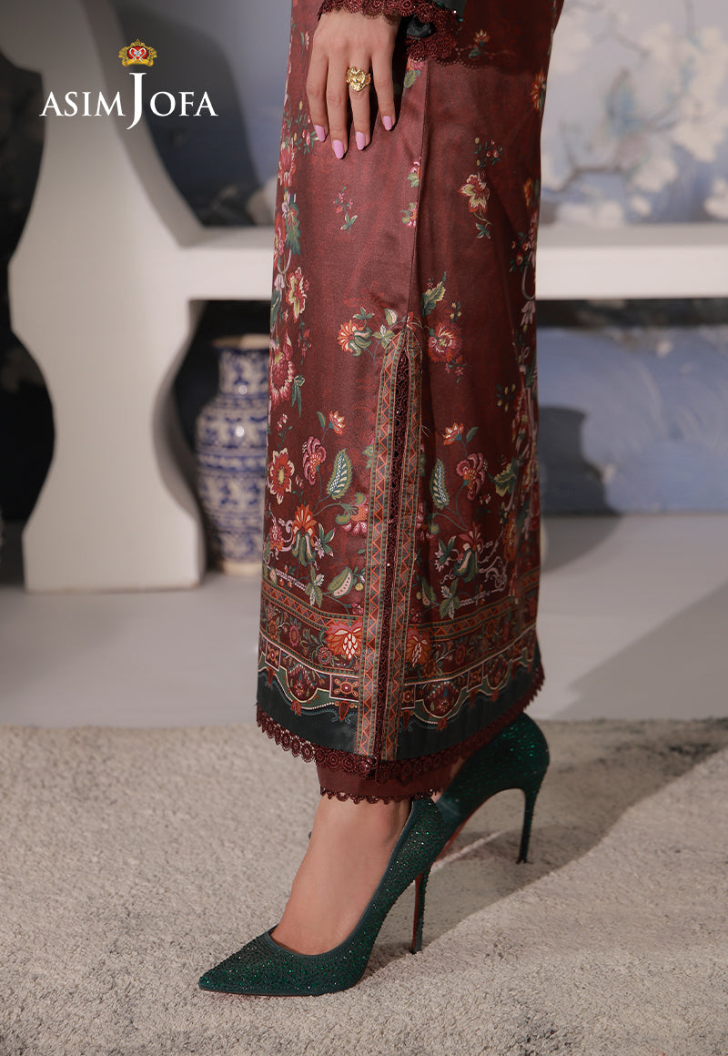 Asim Jofa AJCS-02 chocolate brown printed charmeuse silk suit – side slit close-up with matching raw silk trousers