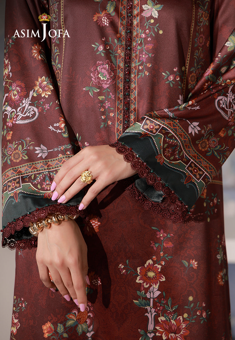 Asim Jofa AJCS-02 chocolate brown printed charmeuse silk shirt – sleeve close-up highlighting teal cuff borders and lace trim