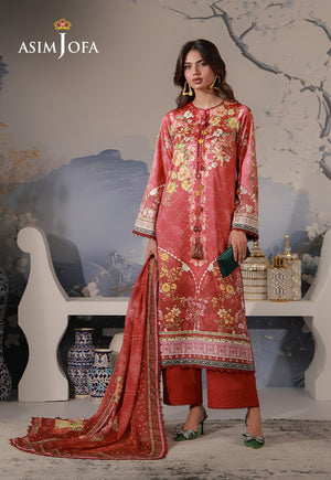 Asim Jofa AJCS-03 red-orange floral printed charmeuse silk 3-piece suit – full-length front view with silk dupatta