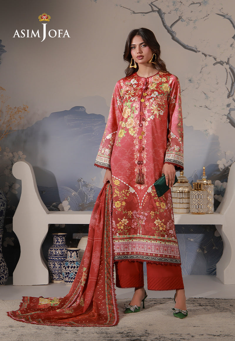 Asim Jofa AJCS-03 red-orange floral printed charmeuse silk 3-piece suit – full-length front view with silk dupatta
