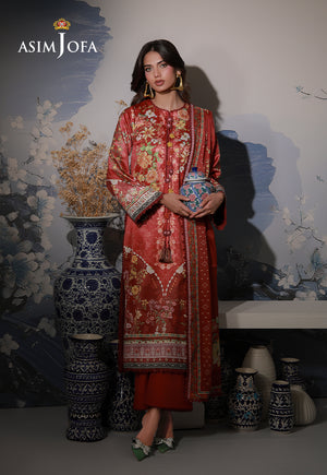 Asim Jofa AJCS-03 red-orange printed charmeuse silk 3-piece suit – full-length front view with model holding a ceramic jar