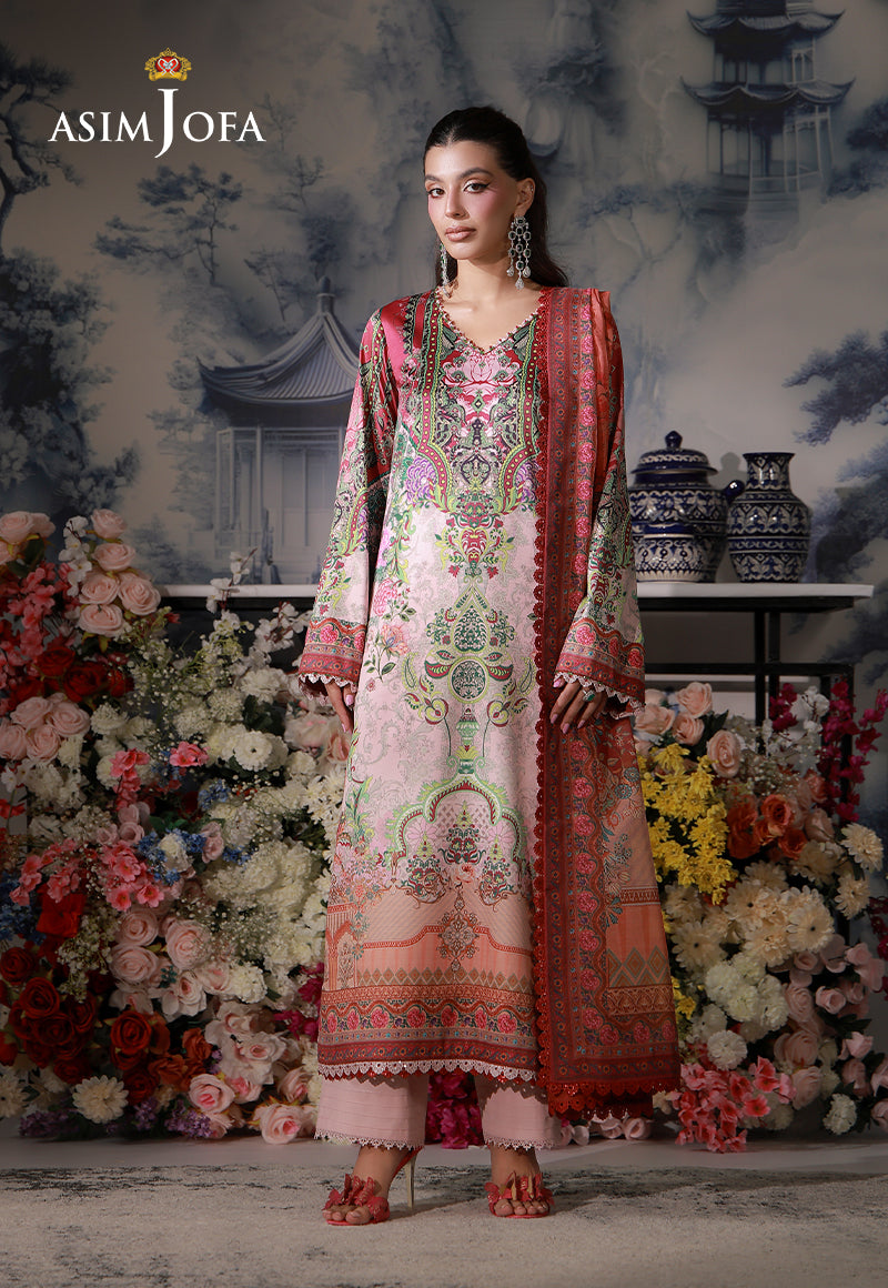 Asim Jofa AJCS-04 pink ombre printed charmeuse silk 3-piece suit – full-length front view with coral silk dupatta