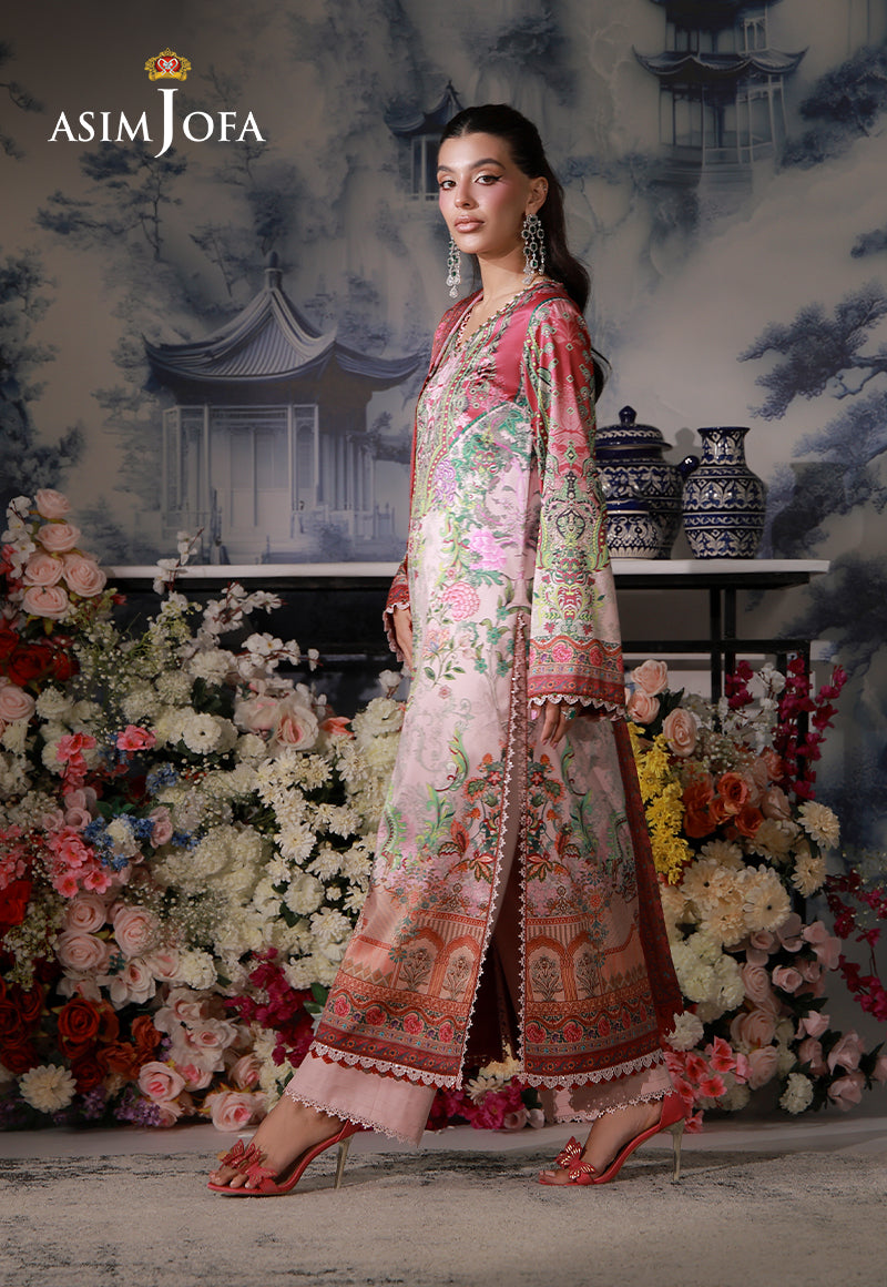 Asim Jofa AJCS-04 pink ombre printed charmeuse silk suit – full-length side view with pastel pink raw silk trousers