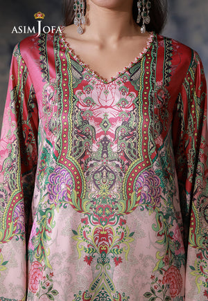 Asim Jofa AJCS-04 pink ombre printed charmeuse silk shirt – V-neckline close-up showing ornate green and floral motifs