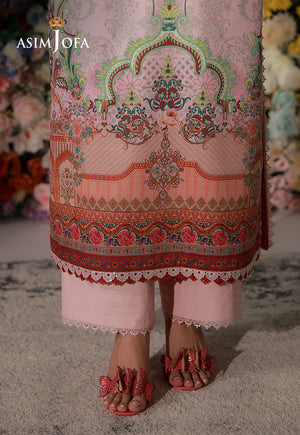Asim Jofa AJCS-04 pink ombre printed charmeuse silk suit – hem close-up showing ornate border and pink raw silk trousers