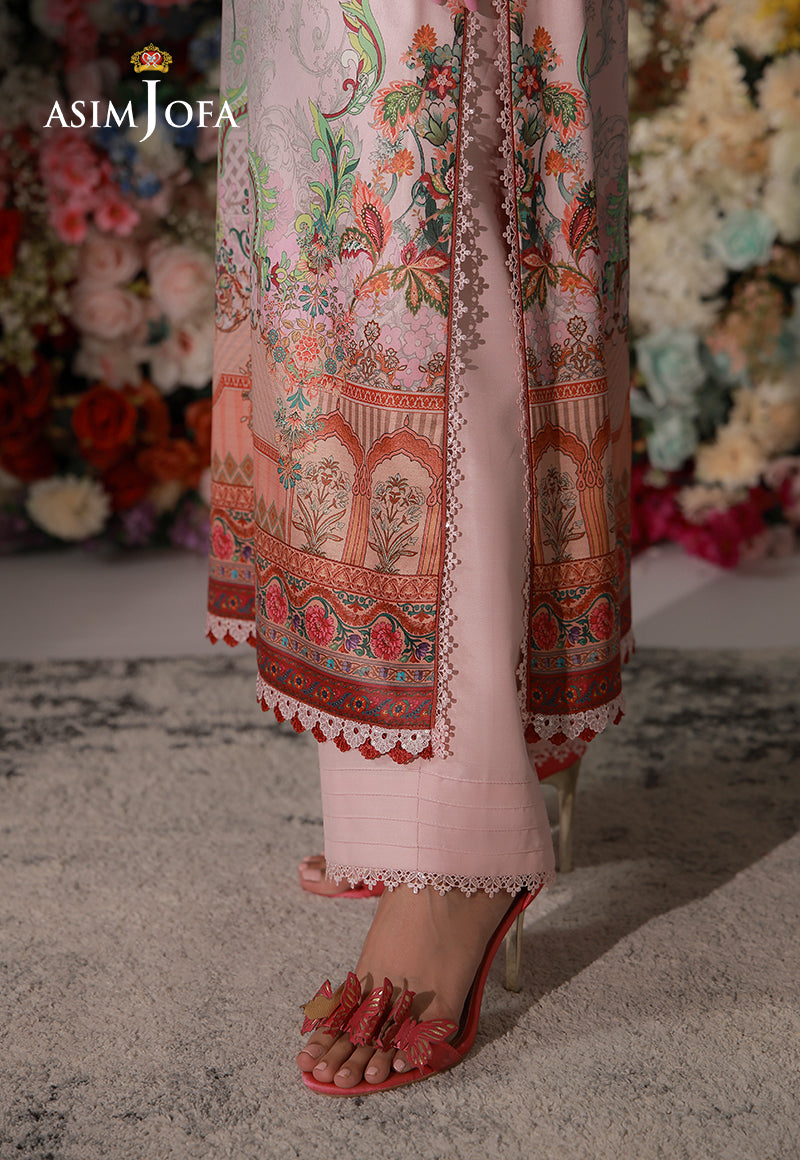Asim Jofa AJCS-04 pink ombre printed charmeuse silk suit – side slit detail showing floral border and pastel pink trousers