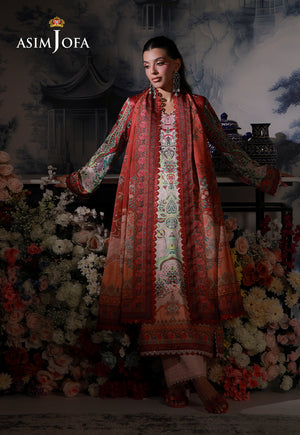 Asim Jofa AJCS-04 pink ombre printed charmeuse silk 3-piece suit – full-length front pose with coral dupatta around the neck