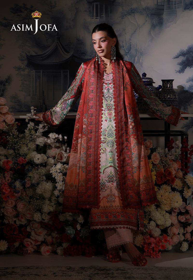 Asim Jofa AJCS-04 pink ombre printed charmeuse silk 3-piece suit – full-length front pose with coral dupatta around the neck