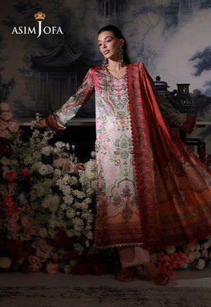 Asim Jofa AJCS-04 pink ombre printed charmeuse silk suit – angled full-length view with flowing coral printed dupatta