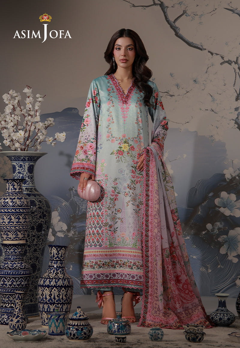 Asim Jofa AJCS-05 mint blue floral printed charmeuse silk 3-piece suit – full-length front view with pink silk dupatta