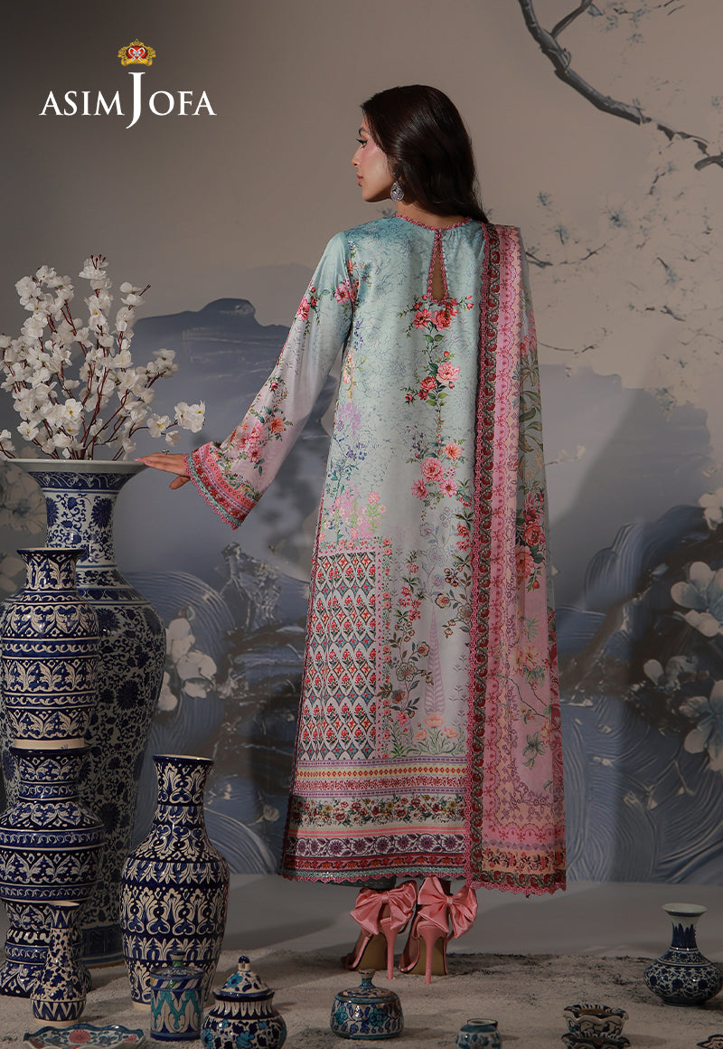 Asim Jofa AJCS-05 mint blue printed charmeuse silk suit – full-length back view showing floral print and keyhole neckline
