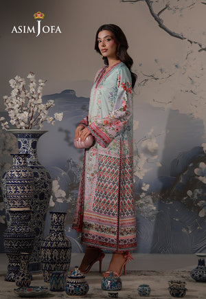 Asim Jofa AJCS-05 mint blue floral printed charmeuse silk suit – full-length side view showing patterned panels and pink cuffs