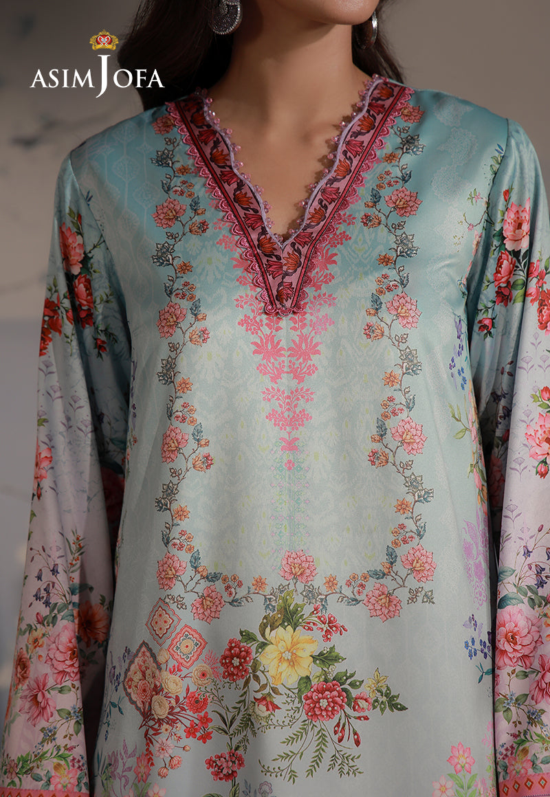 Asim Jofa AJCS-05 mint blue printed charmeuse silk shirt – V-neckline close-up showing pink floral border and rose motifs