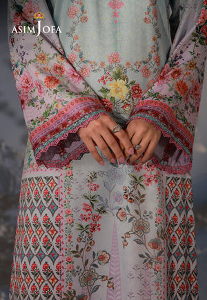 Asim Jofa AJCS-05 mint blue floral printed charmeuse silk shirt – cuff close-up showing pink patterned borders and lace trim