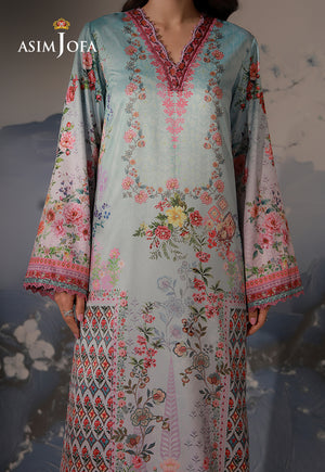 Asim Jofa AJCS-05 mint blue floral printed charmeuse silk shirt – front detail view showing rose motifs and patterned sleeves