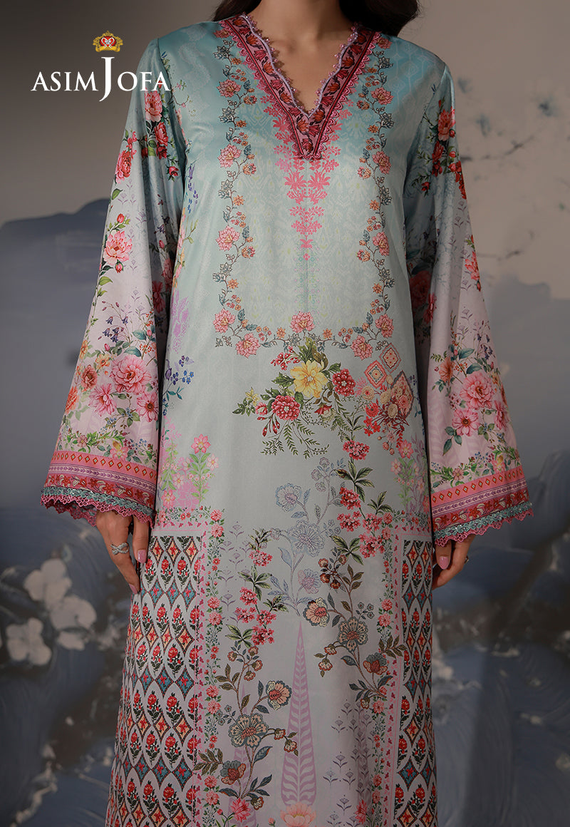 Asim Jofa AJCS-05 mint blue floral printed charmeuse silk shirt – front detail view showing rose motifs and patterned sleeves