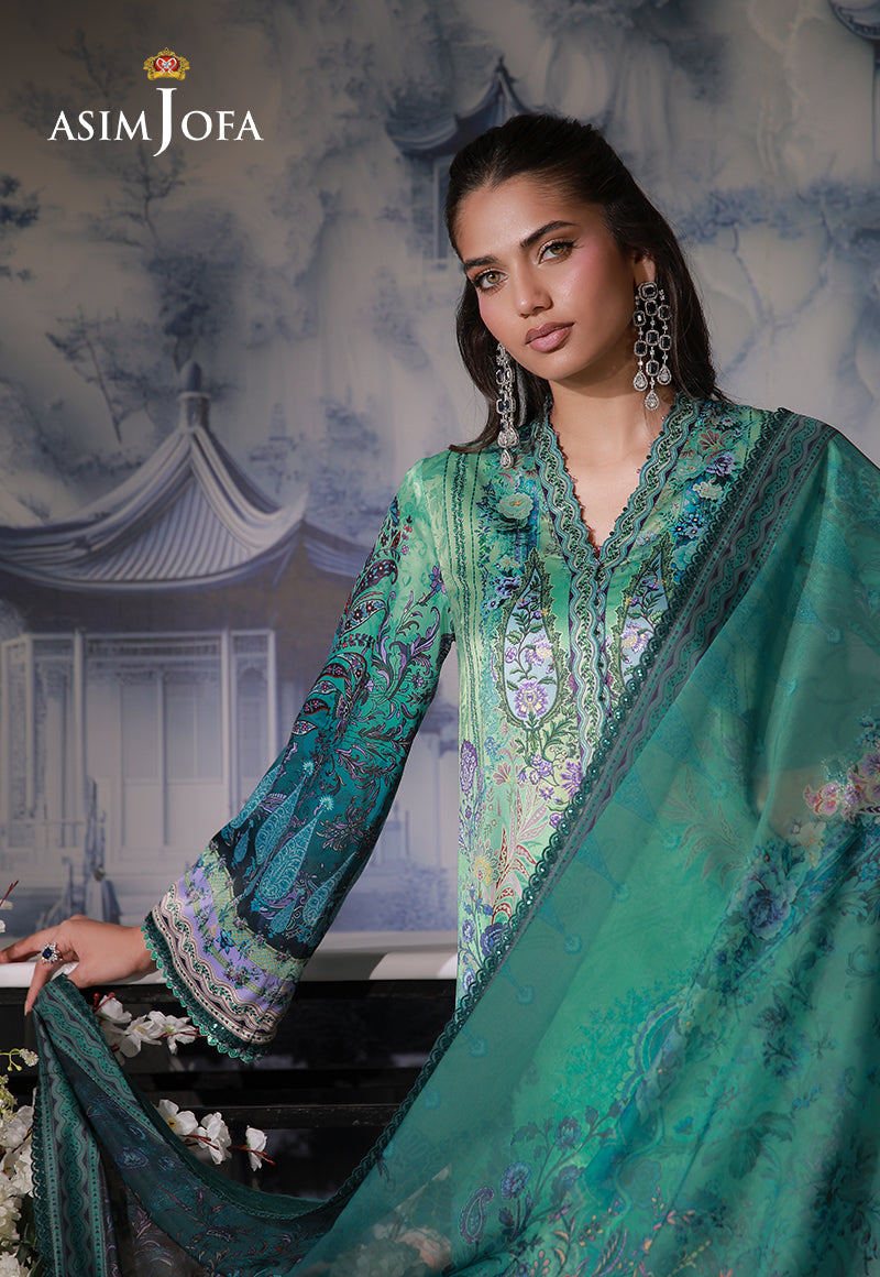 Asim Jofa AJCS-06 crystal teal printed charmeuse silk shirt – portrait close-up showing floral neckline and lilac cuff border