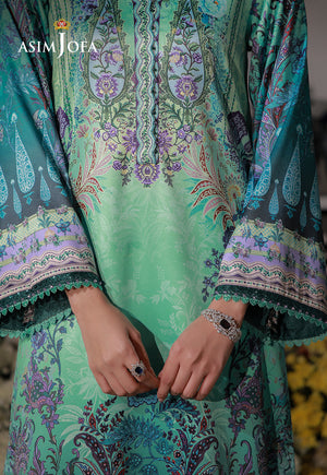 Asim Jofa AJCS-06 crystal teal printed charmeuse silk shirt – neckline close-up showing wavy border and purple floral motifs