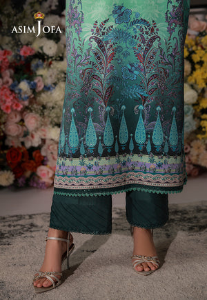 Asim Jofa AJCS-06 crystal teal printed charmeuse silk suit – hem close-up showing paisley motifs and dark teal trousers