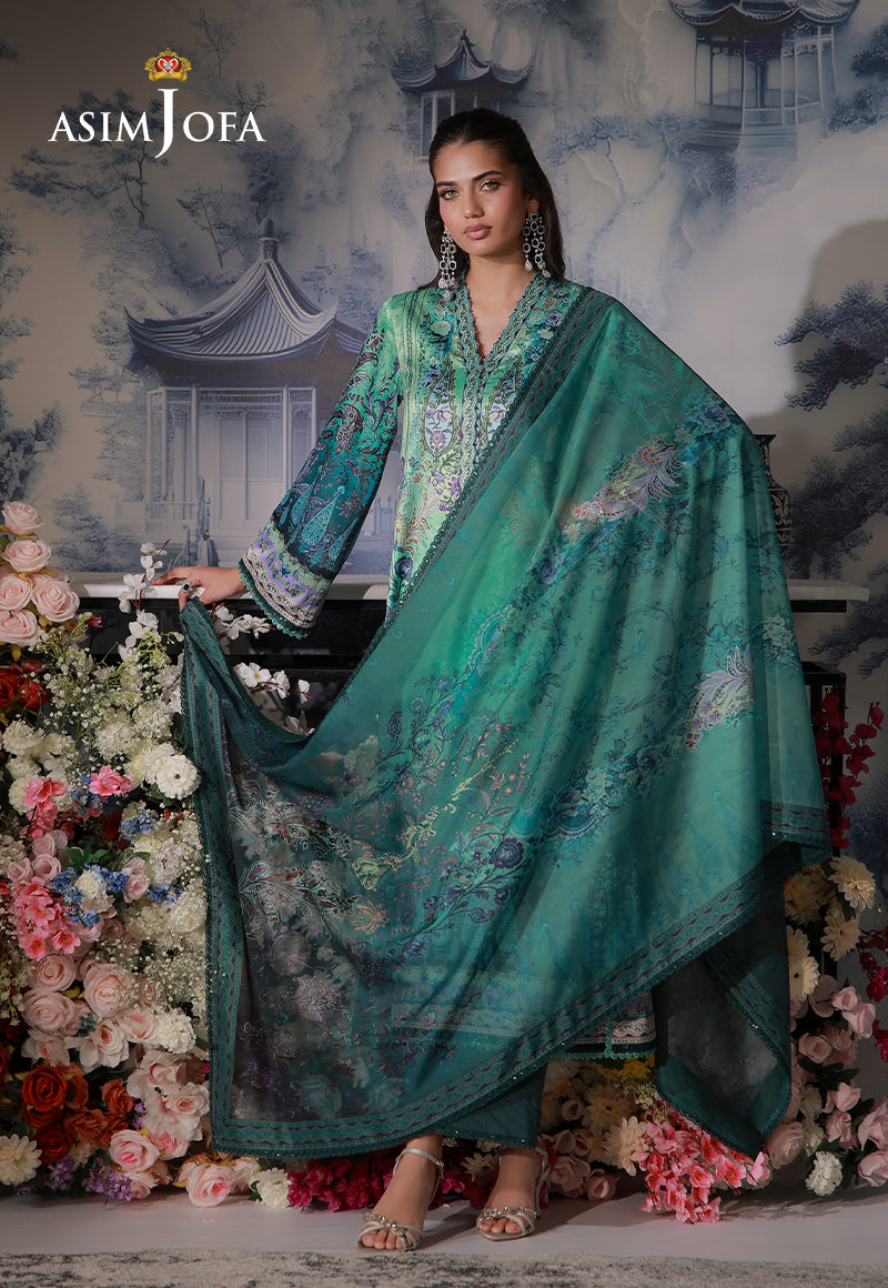 Asim Jofa AJCS-06 crystal teal printed charmeuse silk suit – full-length front view with floral silk dupatta spread wide