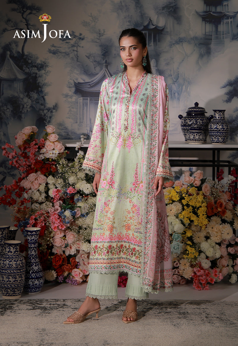 Asim Jofa AJCS-07 mint green floral printed charmeuse silk 3-piece suit – full-length front view with pastel pink dupatta