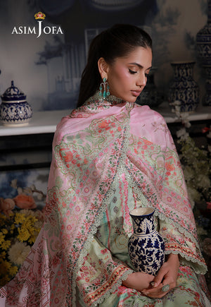 Asim Jofa AJCS-07 mint green printed charmeuse silk suit – angled portrait with pink floral dupatta and blue and white vase