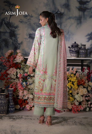 Asim Jofa AJCS-07 mint green printed charmeuse silk suit – full-length back view showing floral borders and pink silk dupatta