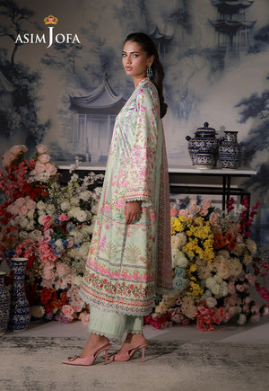 Asim Jofa AJCS-07 mint green floral printed charmeuse silk suit – full-length side view with matching raw silk trousers