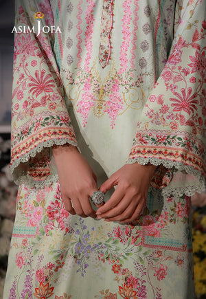 Asim Jofa AJCS-07 mint green floral printed charmeuse silk shirt – cuff close-up showing pink botanical motifs and lace trim