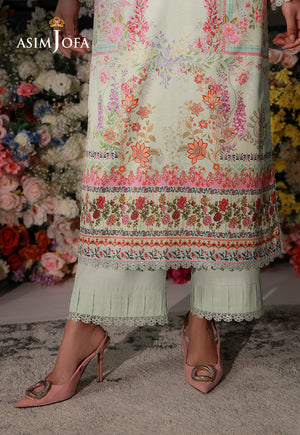 Asim Jofa AJCS-07 mint green printed charmeuse silk suit – hem close-up showing floral borders and matching raw silk trousers