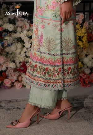 Asim Jofa AJCS-07 mint green floral printed charmeuse silk suit – side slit detail showing patterned borders and lace edging