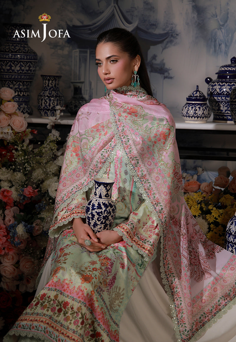 Asim Jofa AJCS-07 mint green floral printed charmeuse silk suit – seated view with pink dupatta wrapped around the shoulders