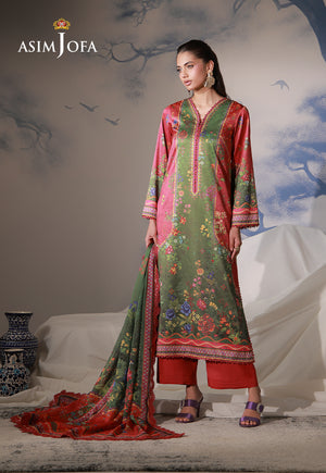 Asim Jofa AJCS-08 olive and crimson floral printed charmeuse silk 3-piece suit – full-length front view with silk dupatta