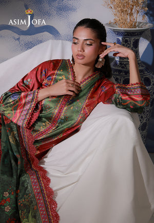 Asim Jofa AJCS-08 olive and crimson printed charmeuse silk shirt – reclining portrait highlighting neckline and patterned cuffs