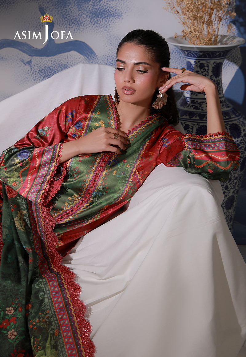 Asim Jofa AJCS-08 olive and crimson printed charmeuse silk shirt – reclining portrait highlighting neckline and patterned cuffs