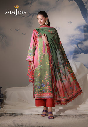 Asim Jofa AJCS-08 olive and crimson floral printed charmeuse silk suit – full-length front view with dupatta across shoulders