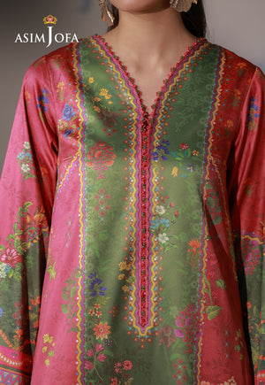 Asim Jofa AJCS-08 olive and crimson printed charmeuse silk shirt – neckline close-up with floral motifs and zigzag borders