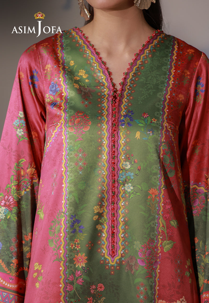 Asim Jofa AJCS-08 olive and crimson printed charmeuse silk shirt – neckline close-up with floral motifs and zigzag borders