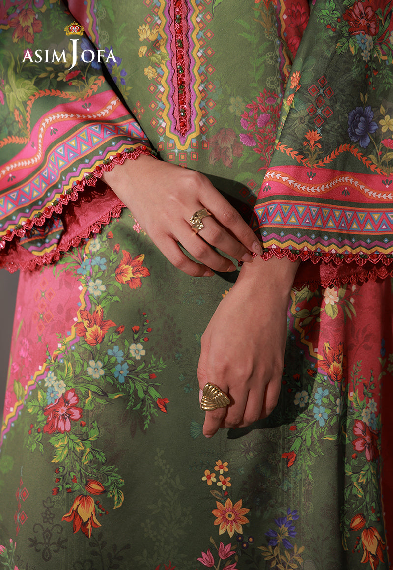Asim Jofa AJCS-08 olive and crimson floral printed charmeuse silk shirt – cuff close-up showing geometric borders and lace trim