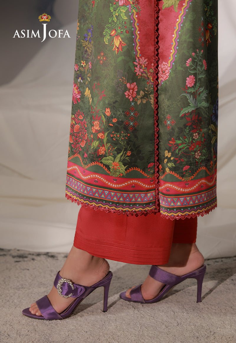 Asim Jofa AJCS-08 olive and crimson printed charmeuse silk suit – side slit close-up showing floral print and patterned hem