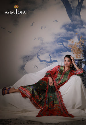 Asim Jofa AJCS-08 olive and crimson floral printed charmeuse silk suit – full-length reclining view with draped silk dupatta