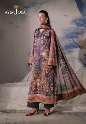 Asim Jofa AJCS-09 purple floral printed charmeuse silk 3-piece suit – full-length front view with flowing silk dupatta