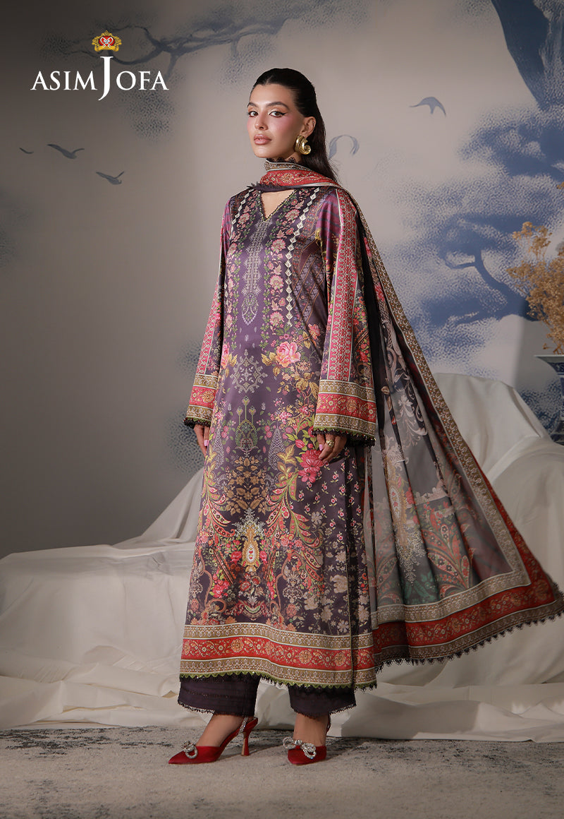 Asim Jofa AJCS-09 purple floral printed charmeuse silk 3-piece suit – full-length front view with flowing silk dupatta